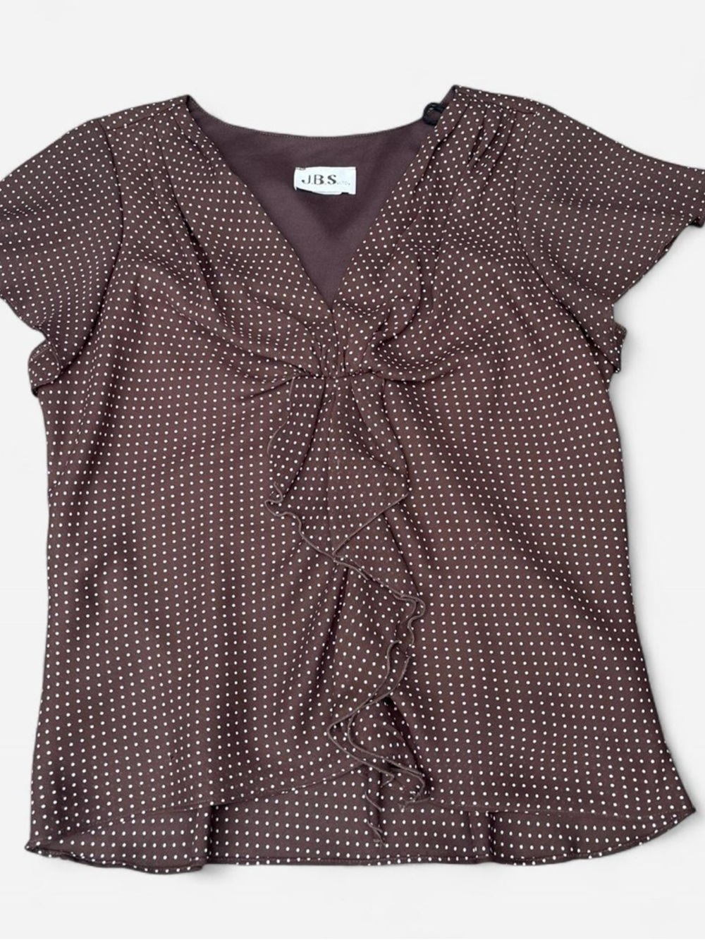 J.B.S. Brown Polka Dot Ruffle V-Neck Blouse